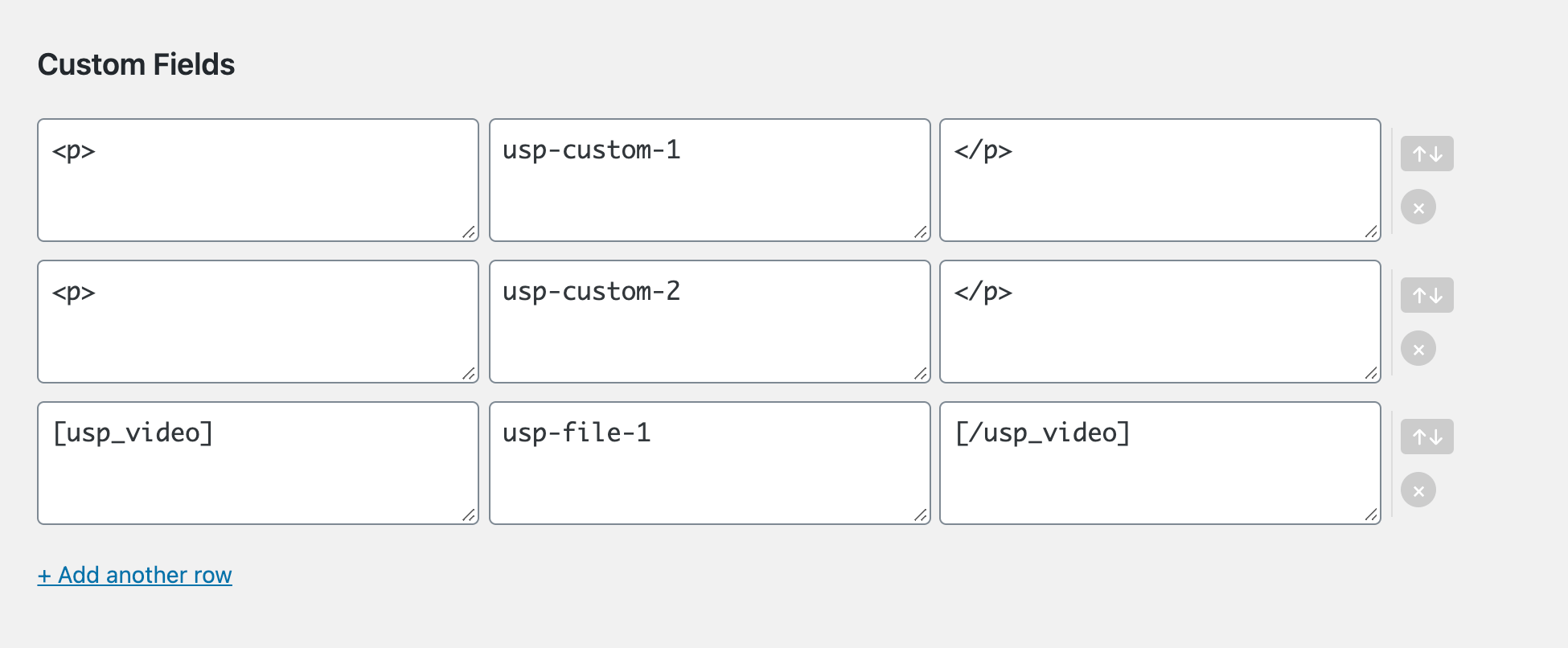 USP Helper Settings - Custom Field Rows showing Drag/Drop and Delete buttons