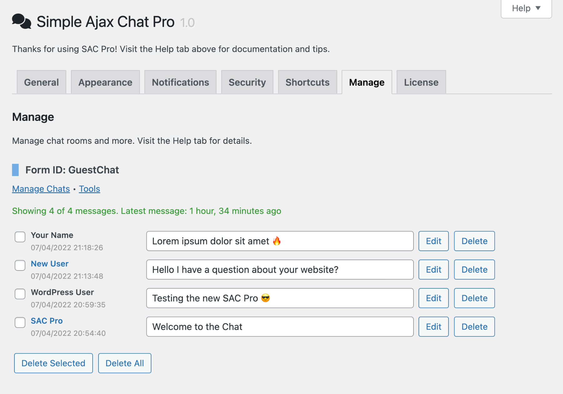 Screenshot of manage-chat screen