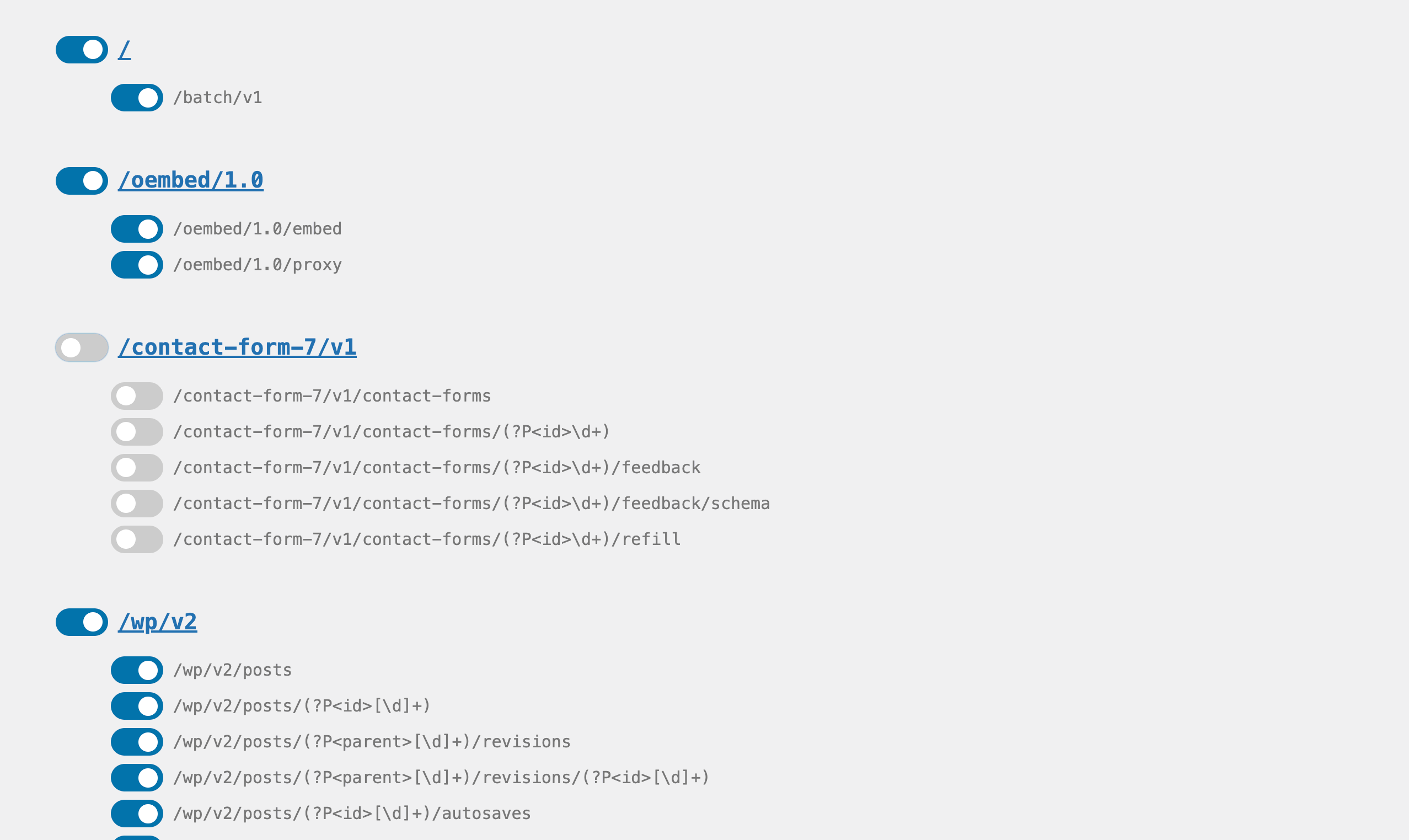 Screenshot showing the disabled routes for Contact Form 7