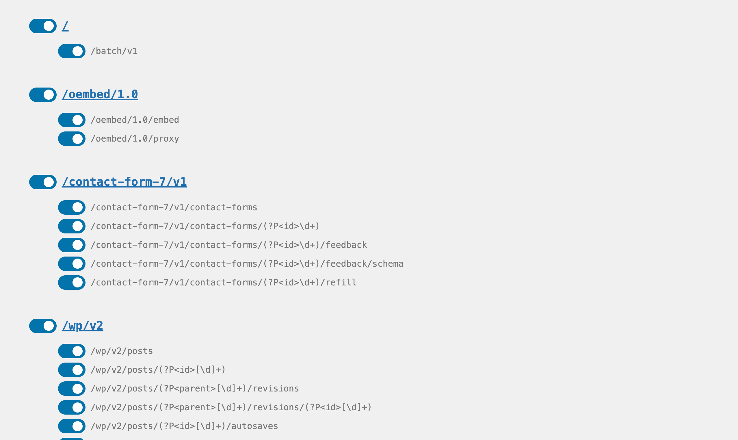 Screenshot showing the enabled routes for Contact Form 7